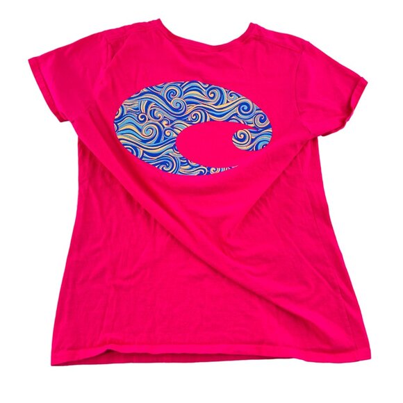 Costa Pink T-Shirt With Swirly Fish Design And Blue Logo Women's size Large - Picture 2 of 4